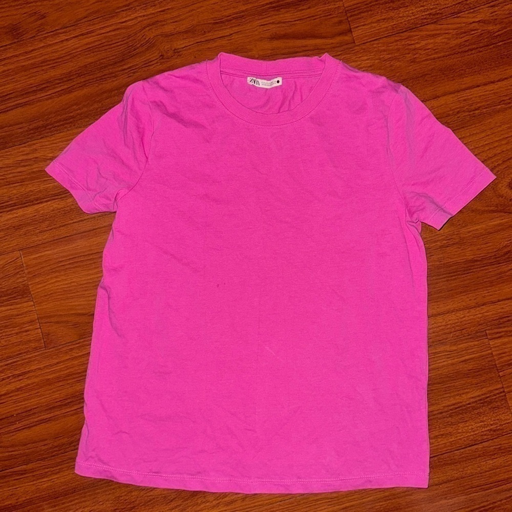 Zara hot pink fuchsia tee short sleeve t-shirt top heavy thick cotton size S - Picture 2 of 6